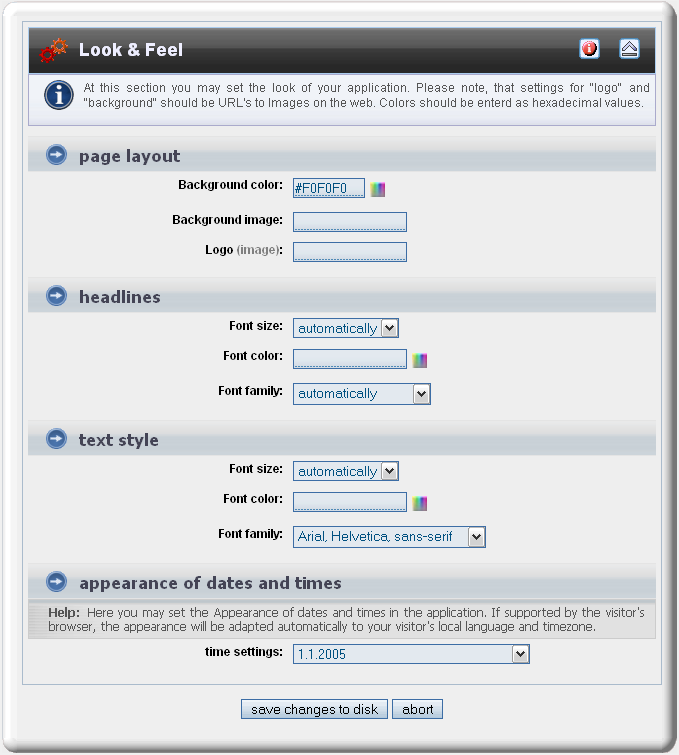 Menu to set up layout options